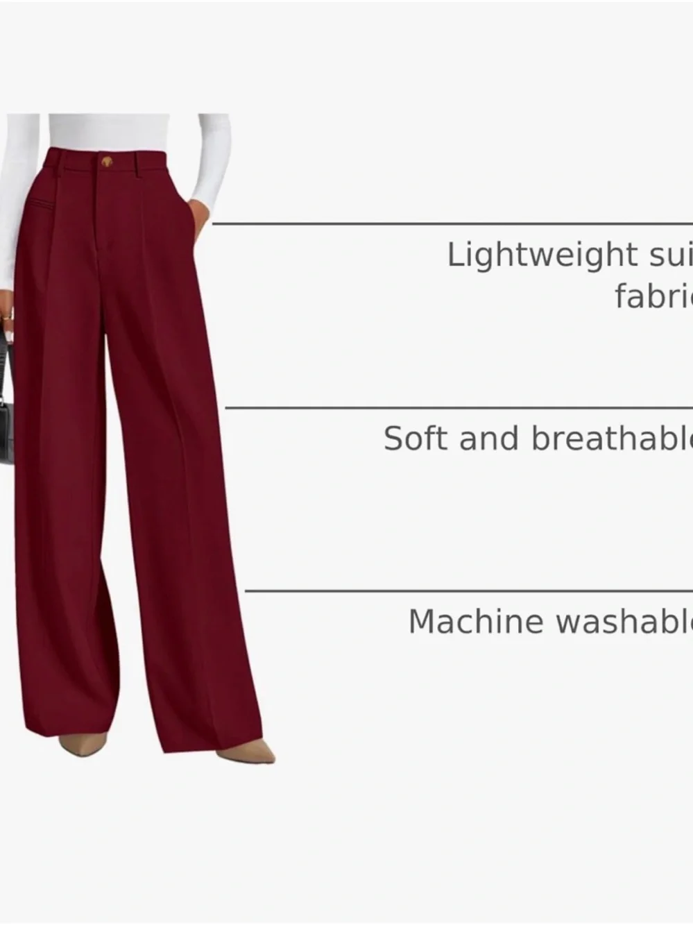 PRETTYGARDEN Wide Leg Dress Pants, High Waisted Slacks Trousers. Burgundy color - Picture 2 of 4